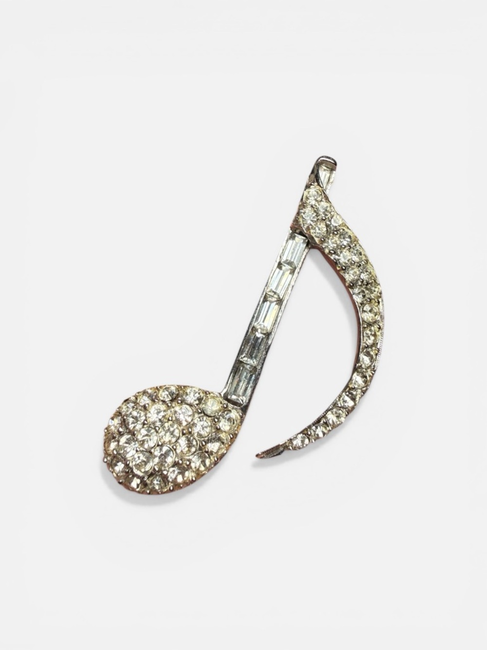 Vintage Silver-Tone Crystal Music Note Brooch
